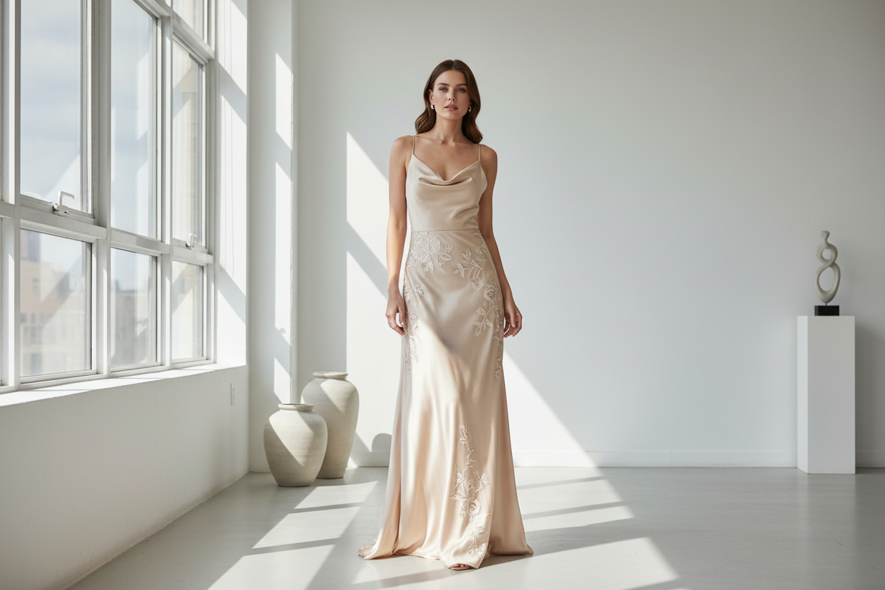 Genera una hero image in stile e-commerce premium per un brand di vestiti eleganti da donna.
Scena: modella donna 25–35 anni, elegante, postura naturale e sicura, in un ambiente interno luminoso e minimal (studio o appartamento moderno). La modella indossa un abito lungo da sera raffinato, tessuto morbido e leggermente lucido, in tinta unita (color champagne o nero) con dettagli discreti.